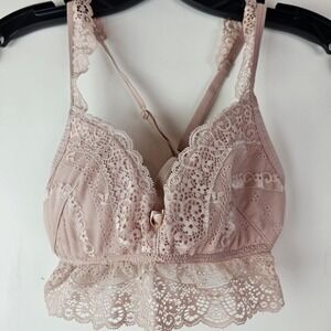 Smart and Sexy Bralette M Pink Sheer Lace Feminine Romantic Cross‎ Back